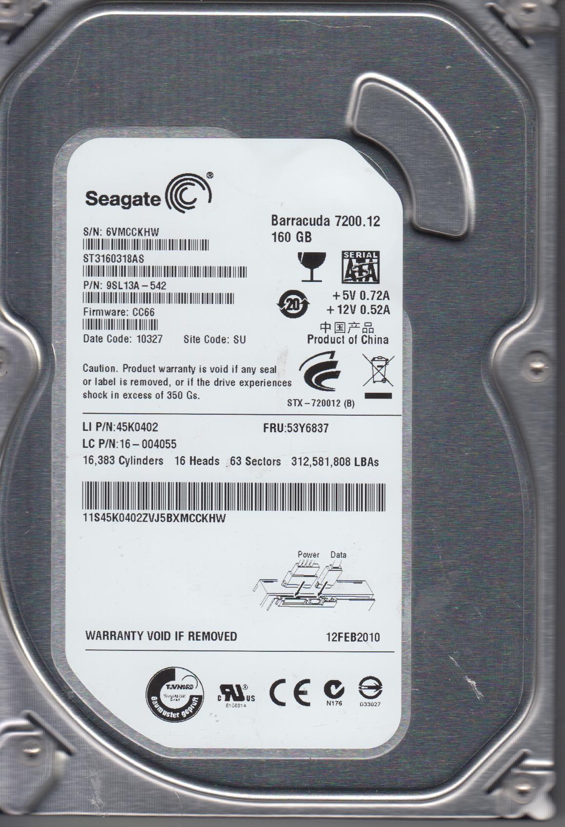 ST3160318AS, 6VM, SU, PN 9SL13A-542, FW CC66, Seagate 160GB SATA 3.5 Hard Drive - image 1 of 2