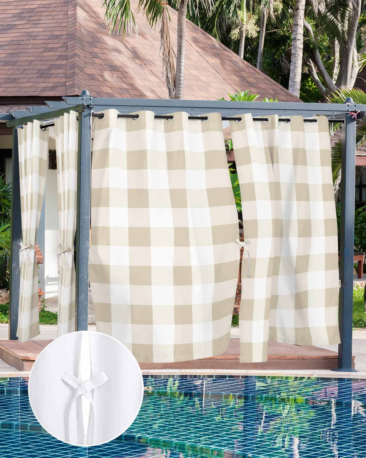 Outdoor Curtains for Patio, Beige Plaid Waterproof Blackout Outside Curtain for Porch/Pergola/Gazebo, Spring Summer Farmhouse Buffalo Checkered Thermal Insulated Drapes, 2 Panels, 54 x 95 Inch
