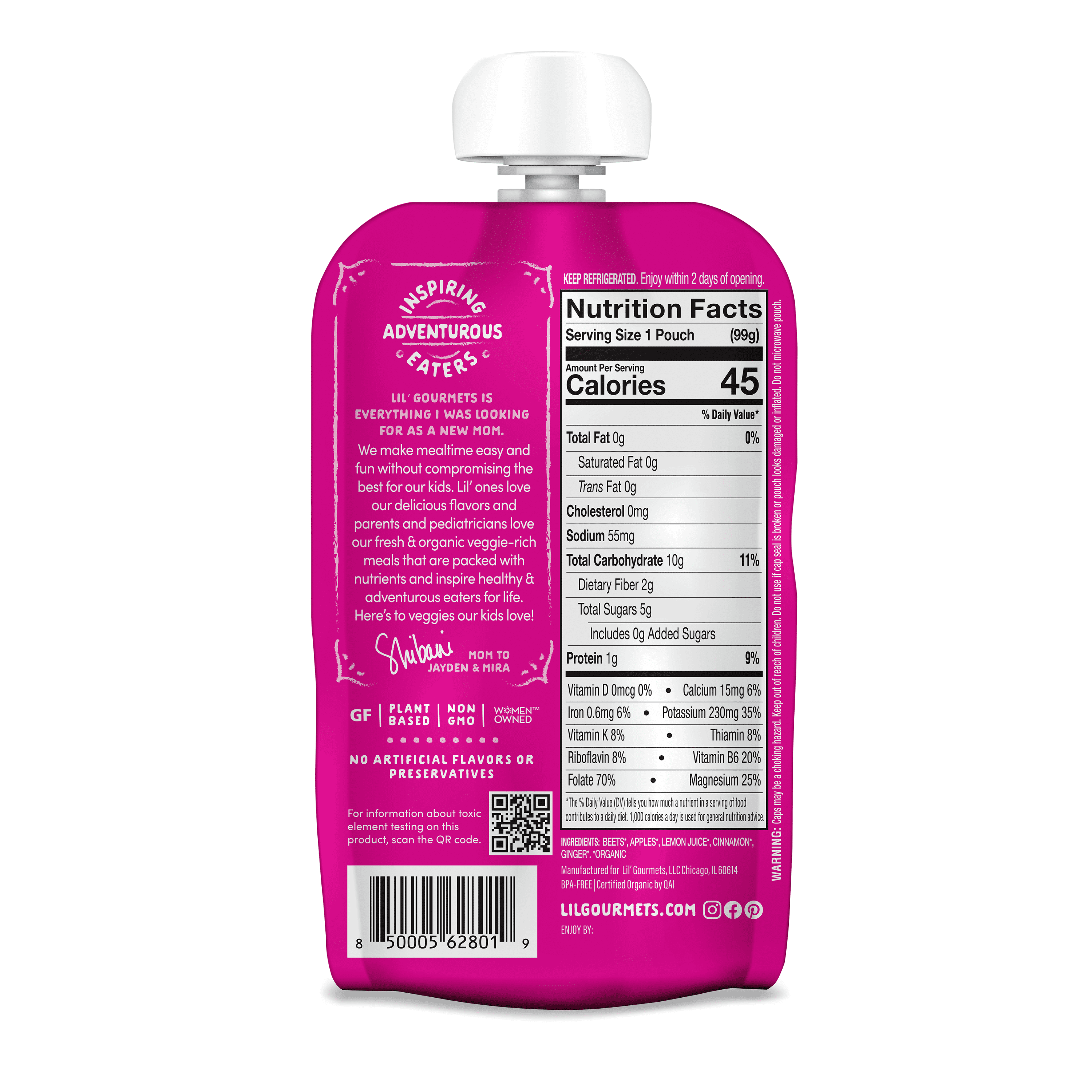 Lil’ Gourmets Refrigerated Stage 2 Baby Food, American-Inspired Ruby Red Beet & Apple, 3.5 oz Pouch