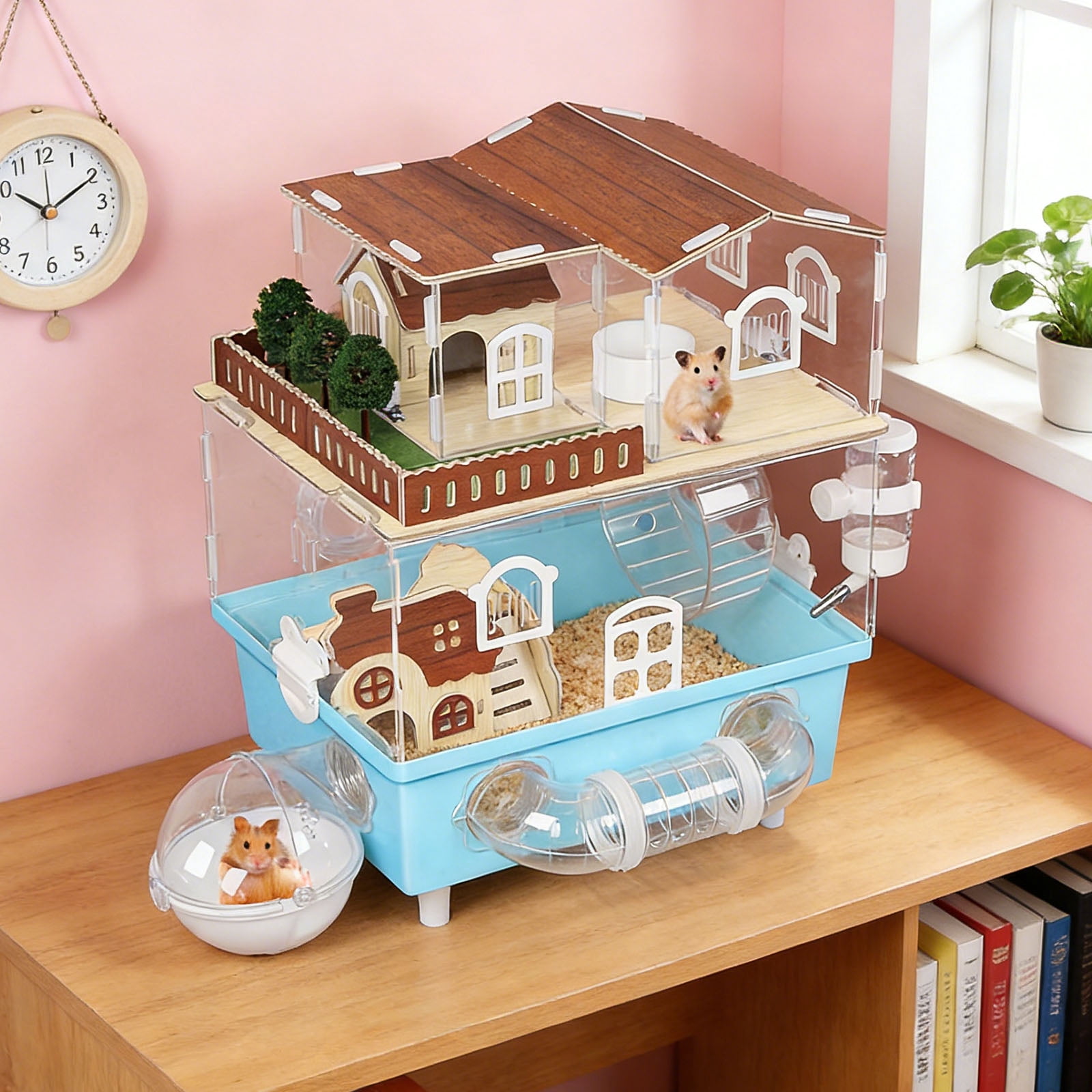 2-Tier Acrylic Hamster Cage Starter Kit, Small Animal Habitat with Hidden Houses, Tunnels, Silent Wheel, Water Bottle & Bath Area, 360° Transparent, Easy Clean
