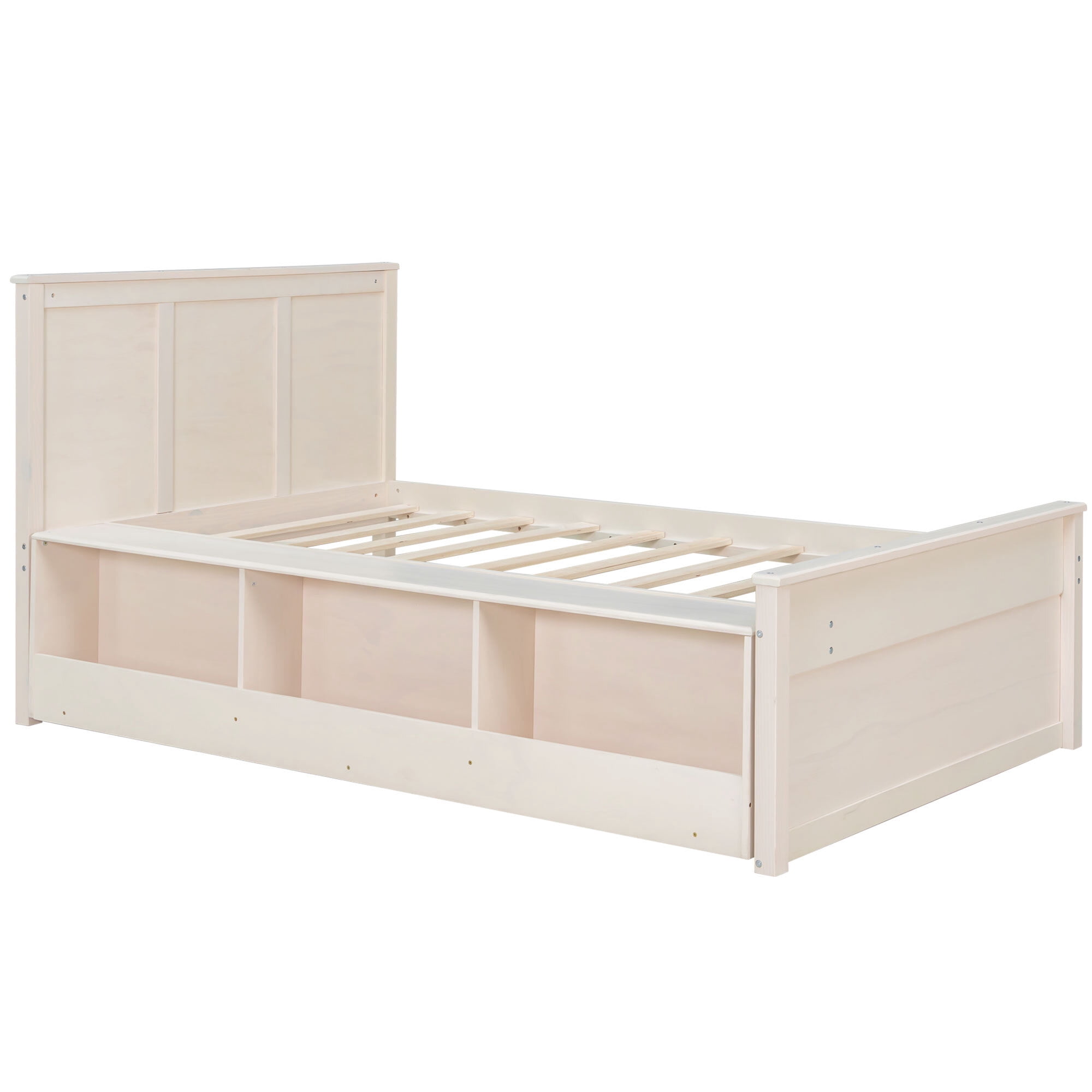 Euroco Wood Twin Size Platform Bed with Trundle and Storage Cabinets, Cream White