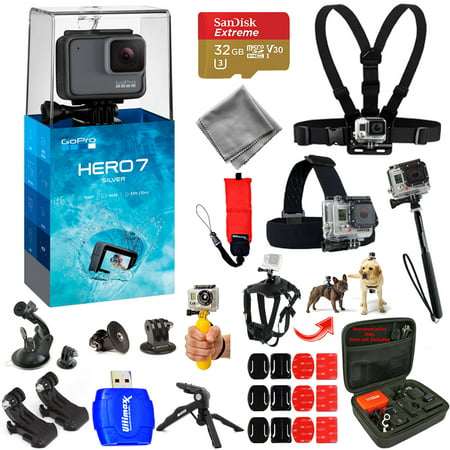 GoPro HERO7 HERO 7 Silver Action Camera Mega Pro ALL YOU NEED Accessory Bundle with 32GB Micro SD, Head and Chest Strap, Dog Harness, Medium Case + MUCH (Best Digital Camera For Action Photos)