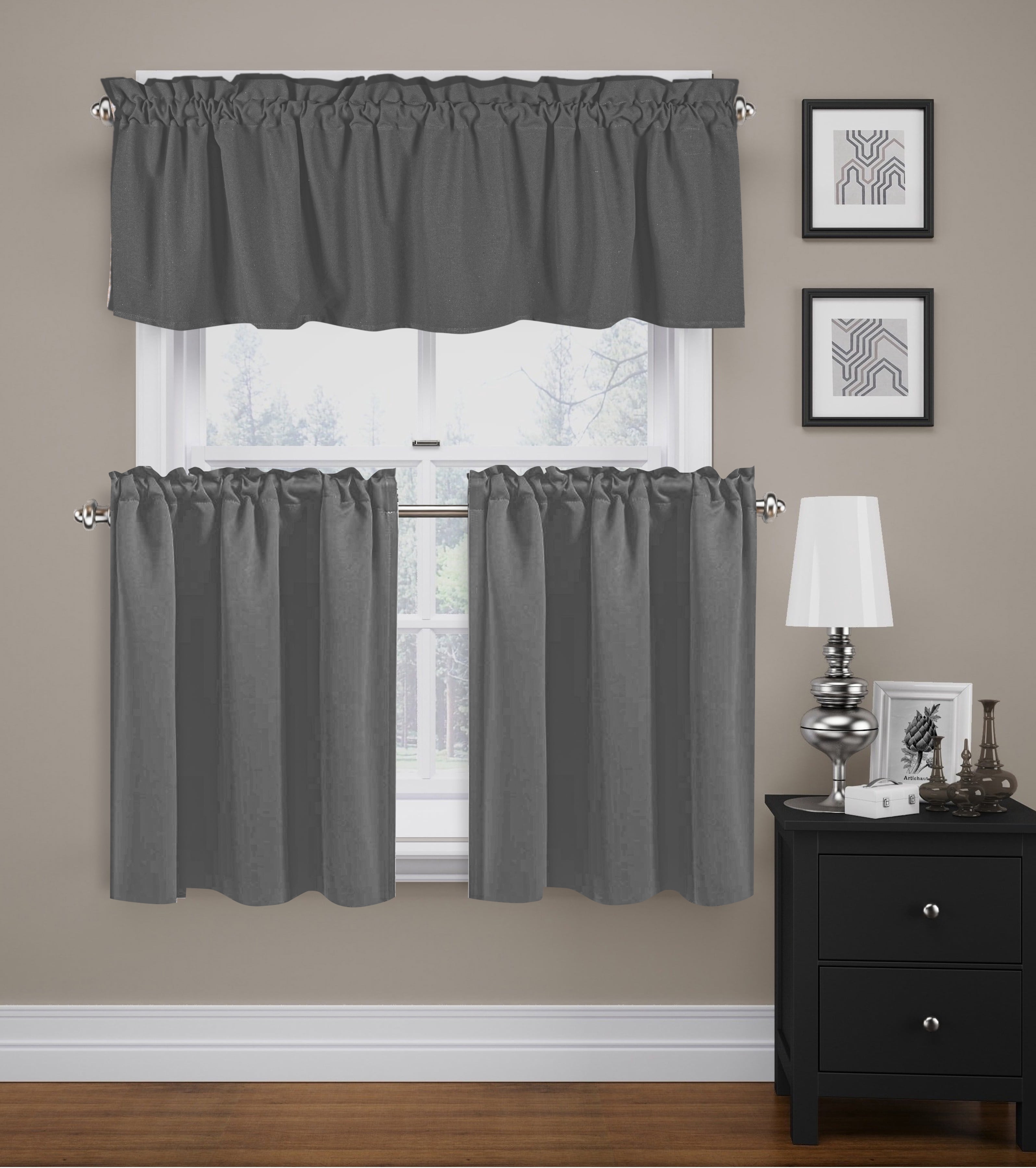 Native Fab Full Kitchen Window Curtain Tiers Valance Set 100% Cotton - Rod Pocket - 3 Piece - Grey