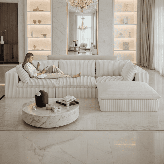 CKEASEAN 118" Corduroy Modular Sectional Boneless Sofa Couch, Oversized 3-Seaters Cloud Couches with Removal Cushion & Ottoman, No Assembly Required, L Shape Deep-Seat Cozy Fluffy Sofa for Apartment