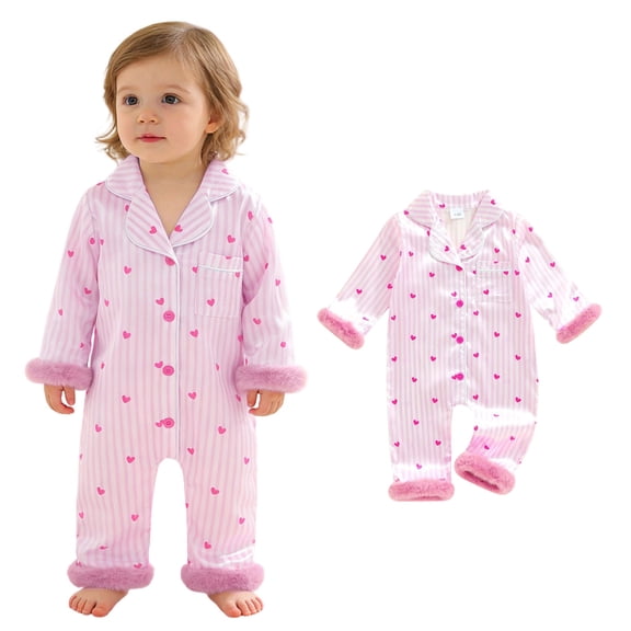 Baby Girl Satin Pajamas Valentine Pajamas Heart Feather Trim Button down Long Sleeve Jumpsuit Loungewear 6-12 Months Girl Sleepers