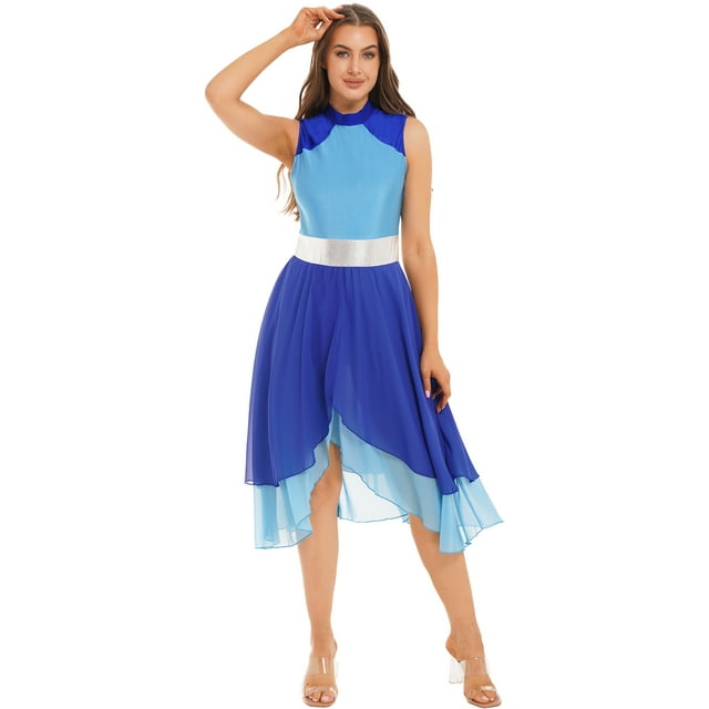 Robe de Danse Irrégulière Sans Manches à Blocs de Couleur pour Femmes Robe de Culte Bleue m