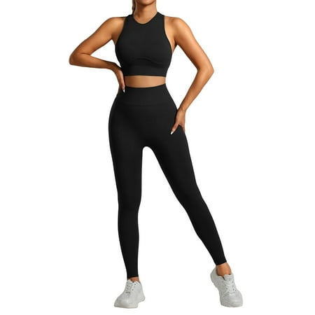 XDDLITP Womens Workout Sets Two Piece Padded Racerback Ribbed Sports Bra with High Waist Seamless Leggings Gym Work Out Outfits Clothes Black S
