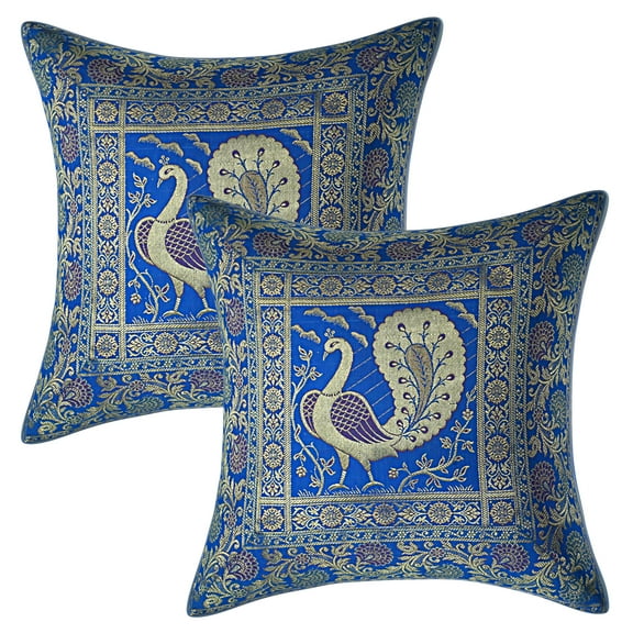 Stylo Culture Ethnic Couch Brocade Turquoise And Gold Throw Pillow Covers 16x16 Jacquard Weave Banarsi Couch Pillow Slipcovers Dancing Peacock Floral 40x40 cm Decorative Cushion Covers (Set Of 2)