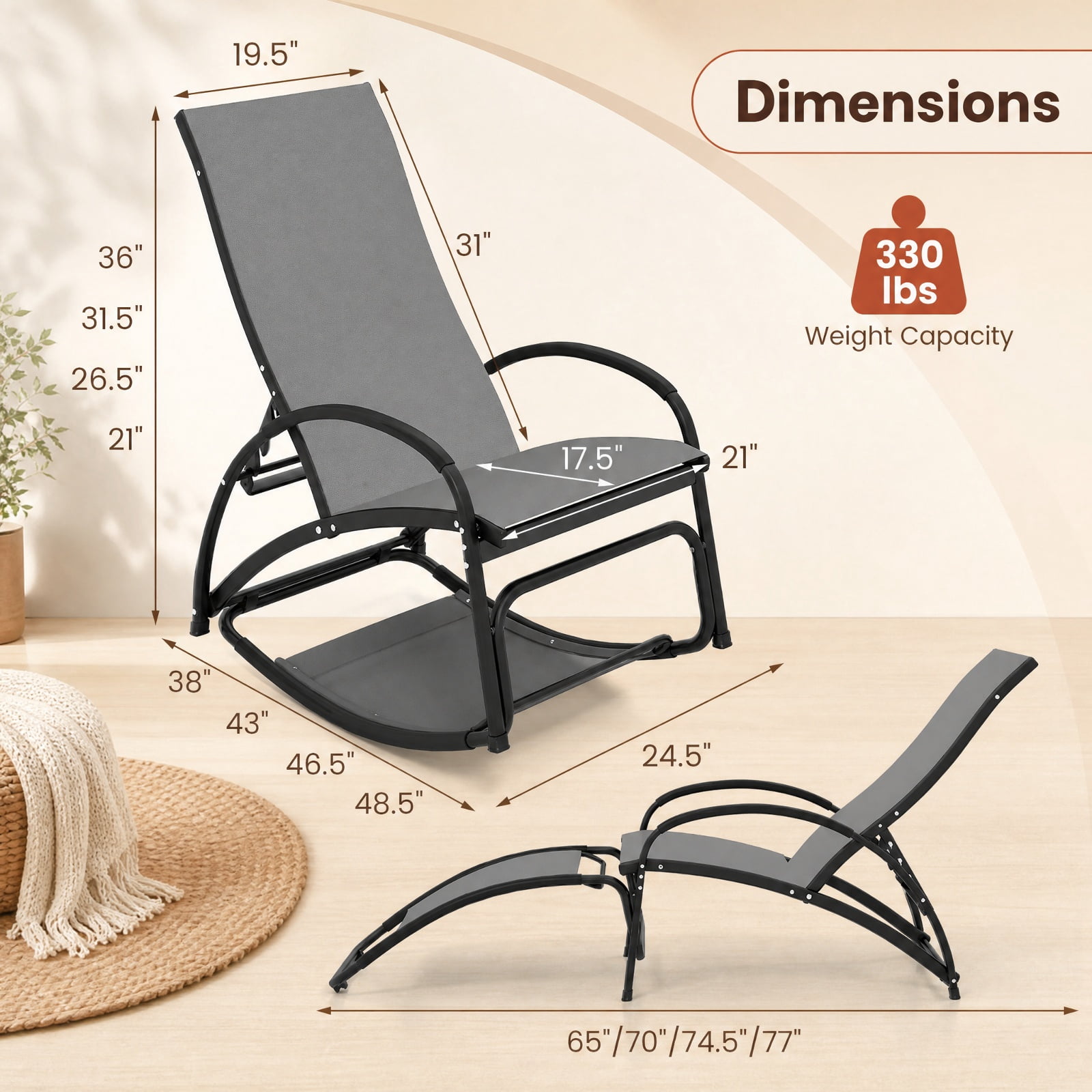 Furnibear 2 in 1 Outdoor Rocking Chair with 4 Position Adjustable Backrest and Aluminum Frame for Patio Porch and Poolside, Gray
