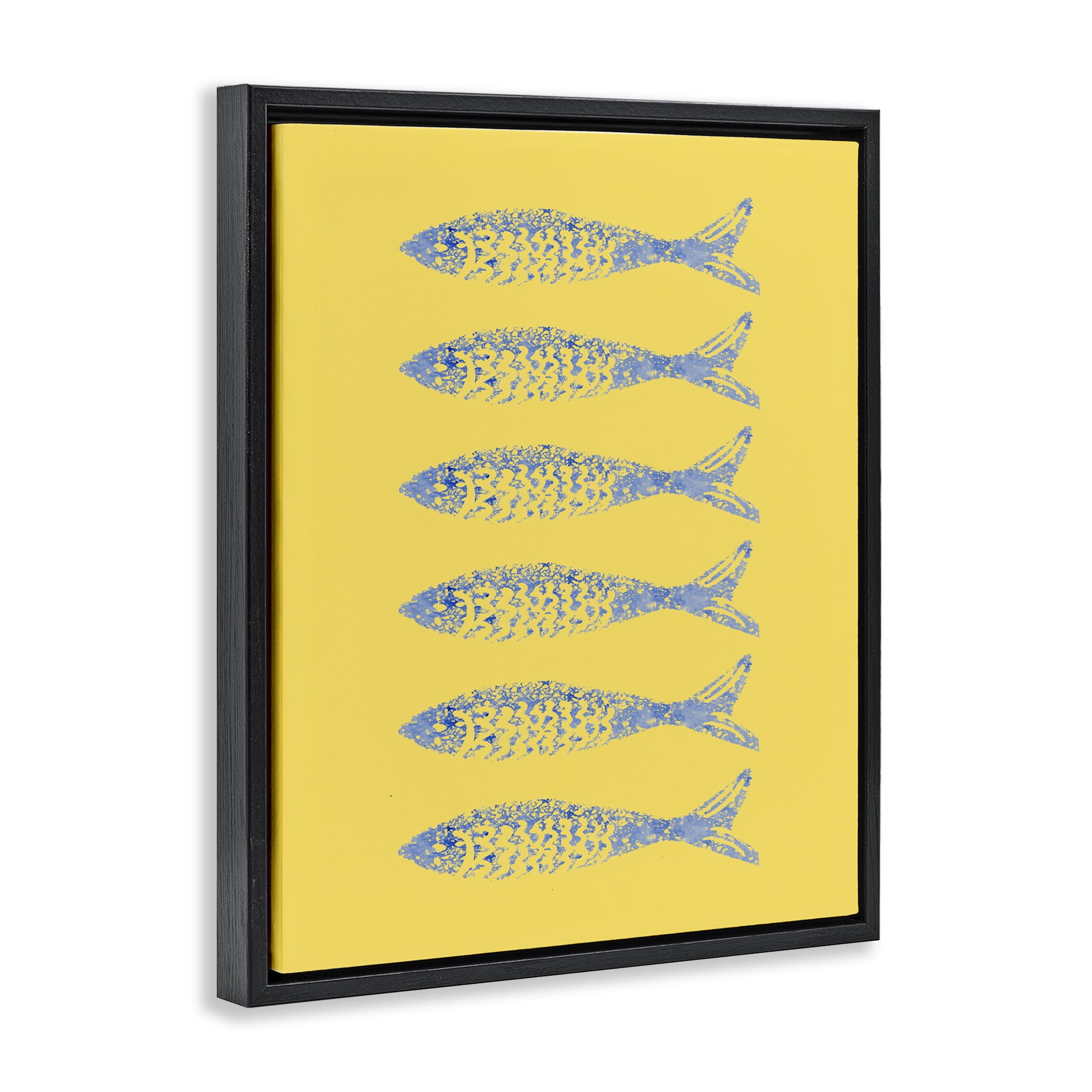 Stupell Industries Sardine Stamps on Yellow Black Framed Floater Canvas Wall Art, design by Julie DeRice
