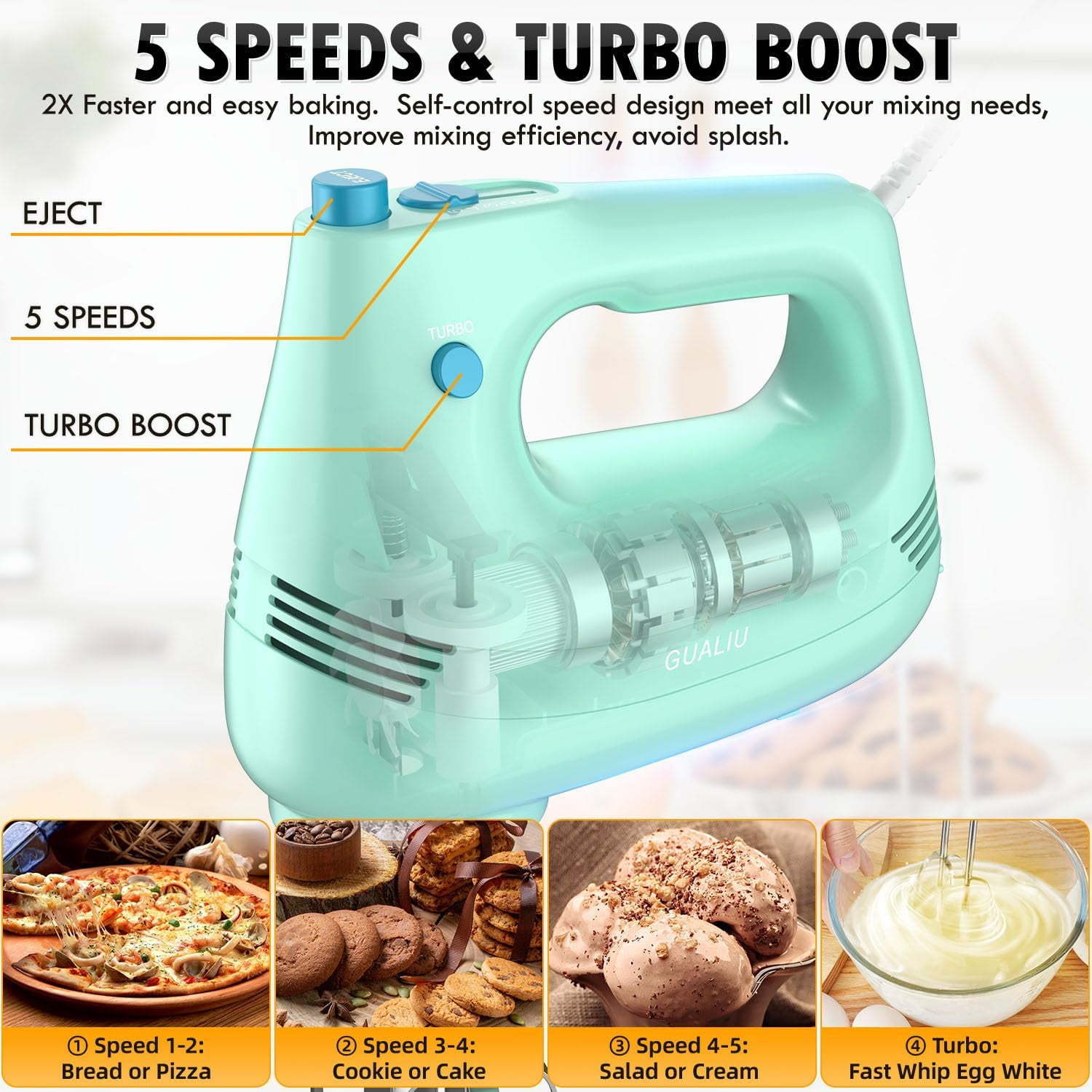 CozyNestFinds Electric Hand Mixer with Stainless Steel Whisk,Dough Hook Attachment and Storage Bag, Handheld Mixer for Baking Cakes,Eggs,Cream Food Mixers. Turbo Boost /5 Speed Kitchen Blender GREEN