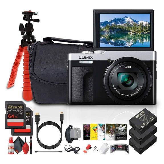 Panasonic ZS99 Point and Shoot Compact Travel Digital Camera (Silver) (DC-ZS99S)   Photography Software   2 x 64GB Memory Card   2 x DMW-BLG10 Battery   Camera Bag   Flexible Tripod   More