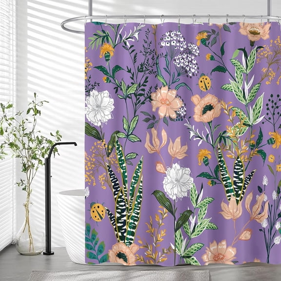 Boho Floral Shower Curtain, Pink Flower Tropical Leaves Plant Shower Curtain, Cute Fun Botanical Decorative Bath Curtain Cloth Fabric Bathroom Decor Set with Hooks, Purple, 72x72
