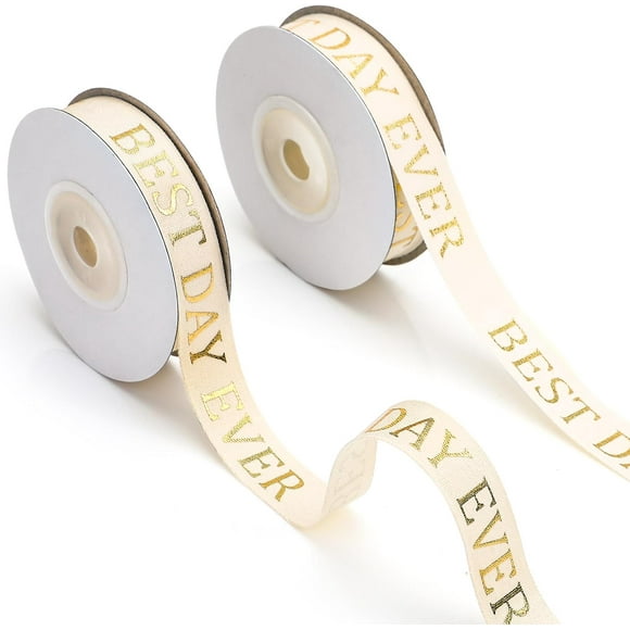 LEEYNEER 20 Yards Best Day Ever Ribbon Gold Cotton Ribbon 5/8" Glitter Custom Ribbon Bows for Gift Wrapping Crafts Supplies DIY Anniversary Wedding Birthday Decorations