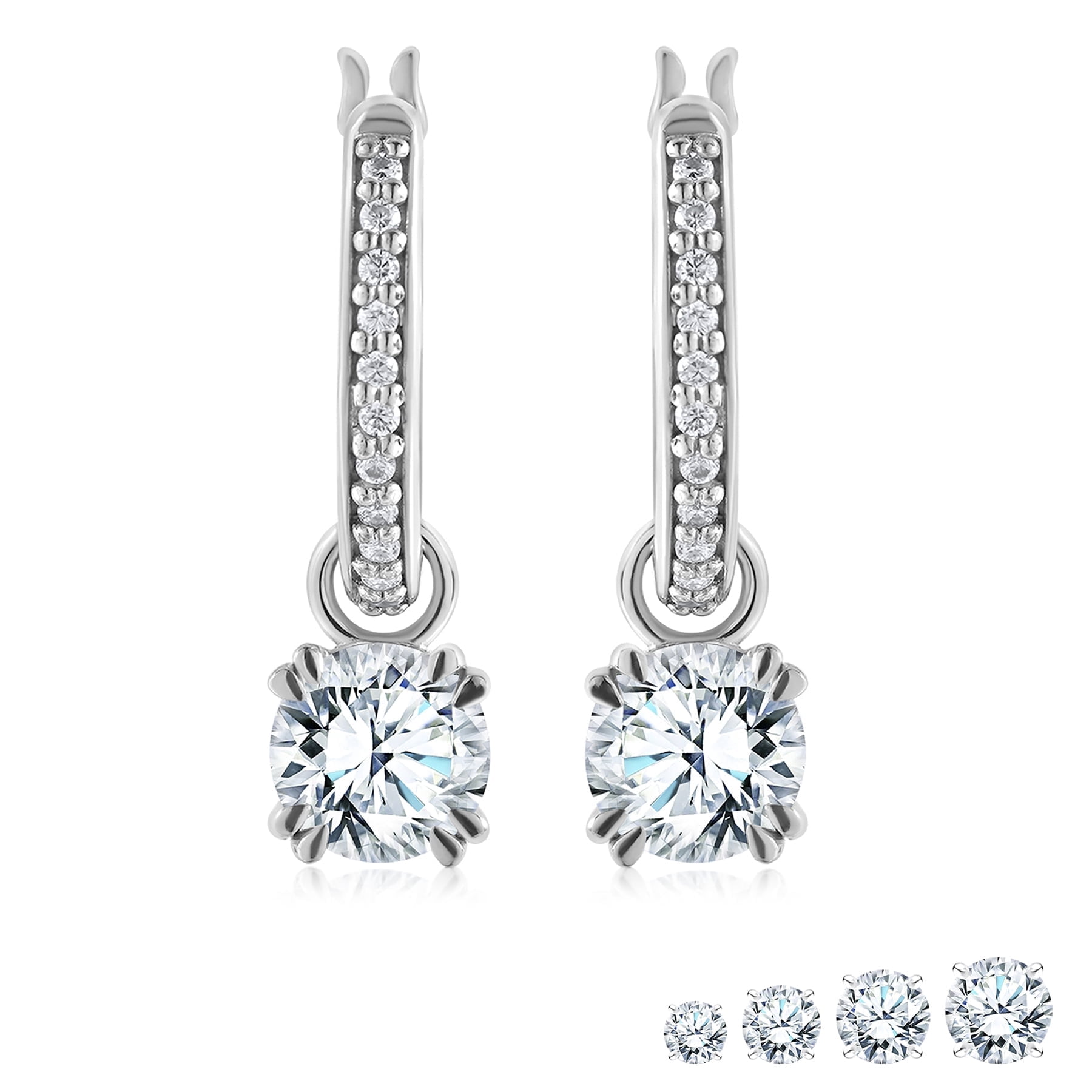 JeenMata 1 Carat Round Cut Lab Grown Diamond Dangle Drop Earrings in 18K White Gold Plating