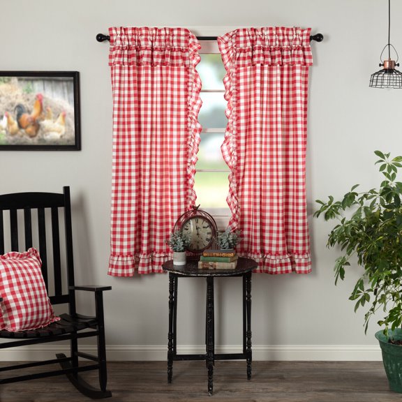 Cozy and Elegance - Farmhouse 63"x36" Panel Pair Red Rod Pocket Ruffling Window Curtains