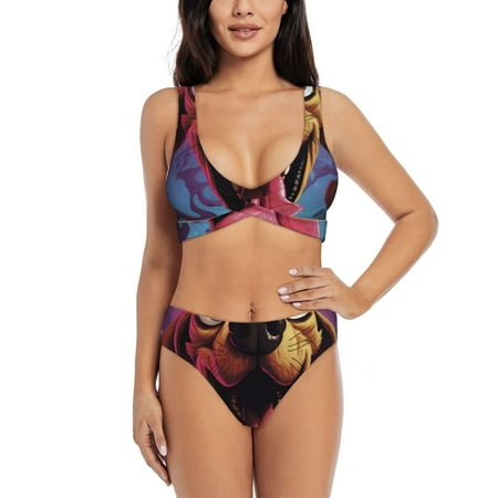 Zeuib Cartoon Big-Eyed Dog High Waisted Tummy Control Bikini Set - Knot Front Push Up Top & Cheeky Thong Bottom  Two-Piece Swimsuit for Women-Medium
