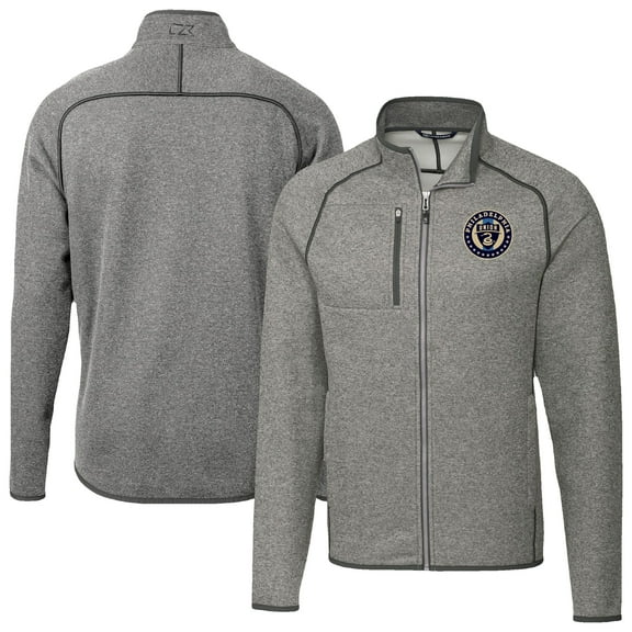 Men's-Cutter & Buck Heather Gray Philadelphia Union Mainsail Sweater-Knit Full-Zip Jacket