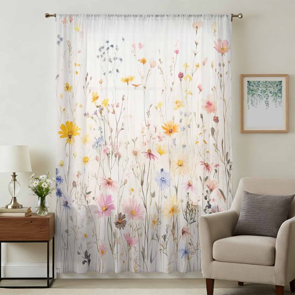 Country Wildflowers Sheer Curtains 45 Inches Long, Spring Rustic Vintage Botanical Light Filering Curtains, Breathable Simi Curtain Privacy Drapes for Kitchen Bathroom Small Window Treatment