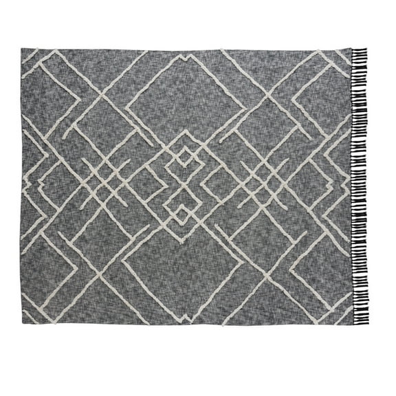 Charcoal and Off White Geometric Twin Cotton Coverlet With Fringe