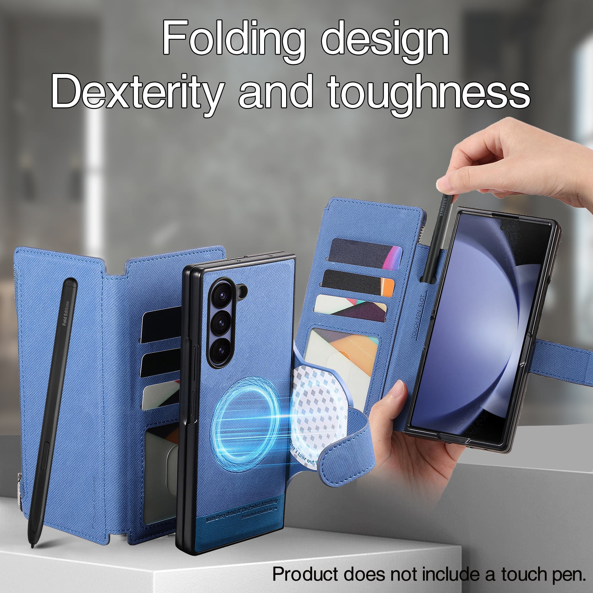 For Samsung Galaxy Z Fold 6 Phone Case,2-in-1 Magnetic Detachable Flip,Flip Folding Kickstand,With Card Slots,Zipper Pocket,Ring Holder,Fit Wireless charging,Shockproof Phone Case,Blue