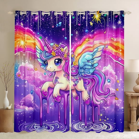 Homewish Colorful Lovely Unicorn Black Out Curtains,Starry Sky Curtains Pack of 2 (42x63 Each),Cartoon Rainbow Wings Bedroom Curtains For Girls Kids,Luxury Bedroom Decor
