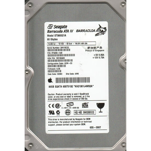 Seagate 9 ST380012A 80 GB Hard Drive, 3.5" Internal, IDE (IDE Ultra ATA/100 (ATA-6))