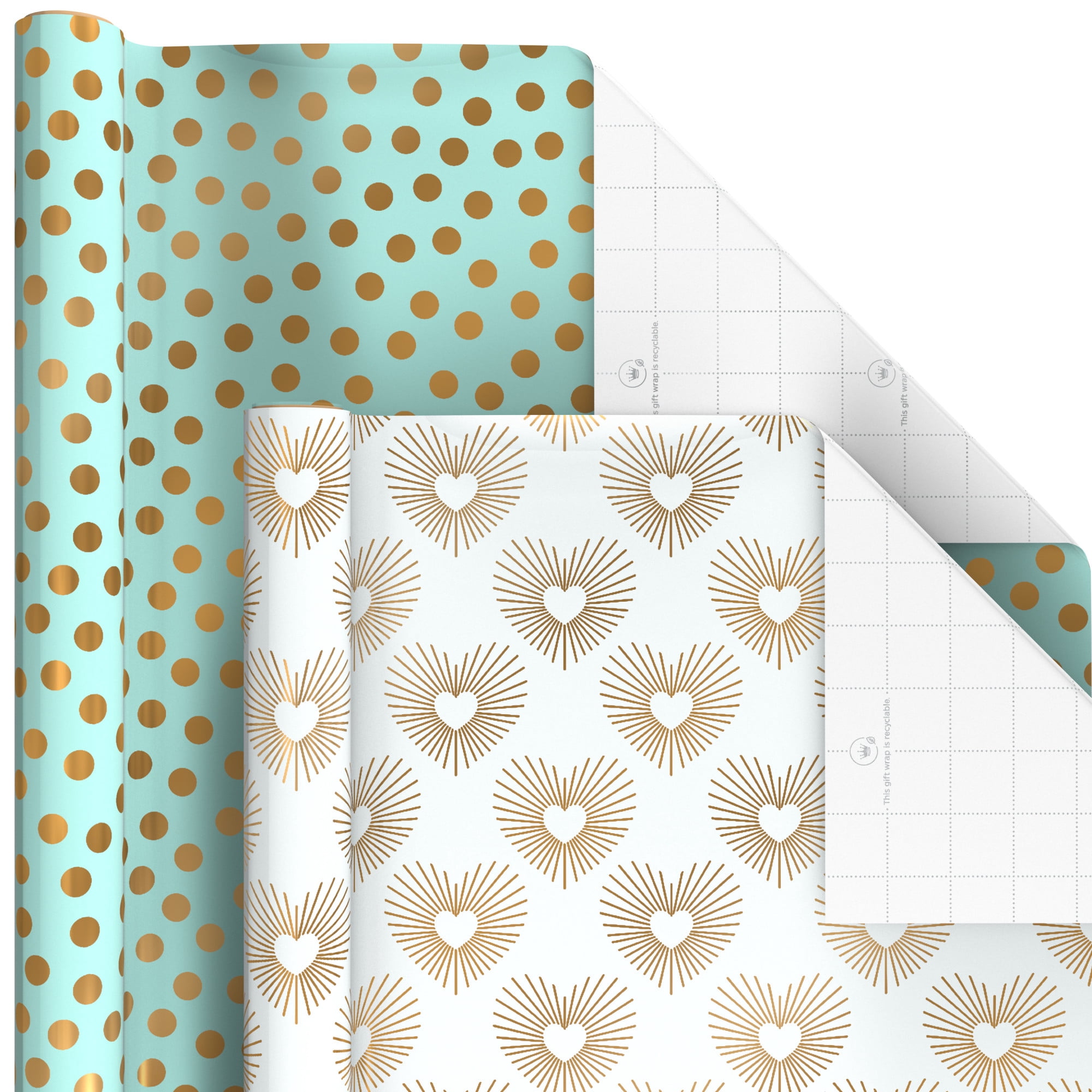Hallmark 6-Pack Assorted Wrapping Paper Roll Bundle (White and Silver Stripes, Mint Green, Gold Hearts and Flowers) for Weddings, Bridal Showers, Birthdays, 180 Sq. Ft. Total