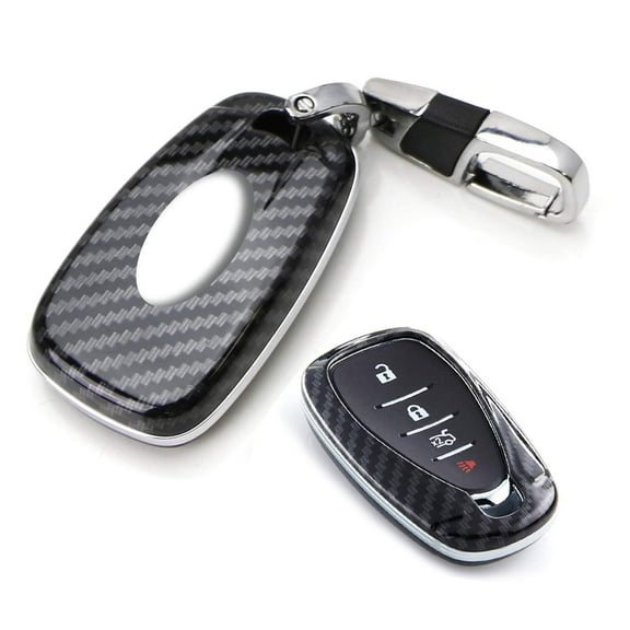For Chevy 2016-up Camaro Malibu Cruze Spark Volt, 2017-up Bolt Sonic Trax, Black Finish Carbon Fiber Pattern Hard Plastic Shell Keyfob Protective Case & Keychain