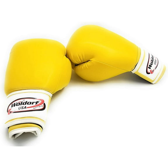 Woldorf USA Boxing Gloves in Leather Yellow 12oz Muay Thai Training, Grappling, Kickboxing, Heavy Bag Speed Punching Gloves, Fighting, Sparring Gloves