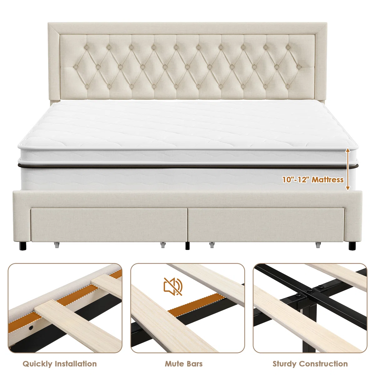 Homfa Full Size Bed Frame with Storage, Linen Upholstered Platform Bed with 2 Storage Drawers & Adjustable Button Headboard, Beige