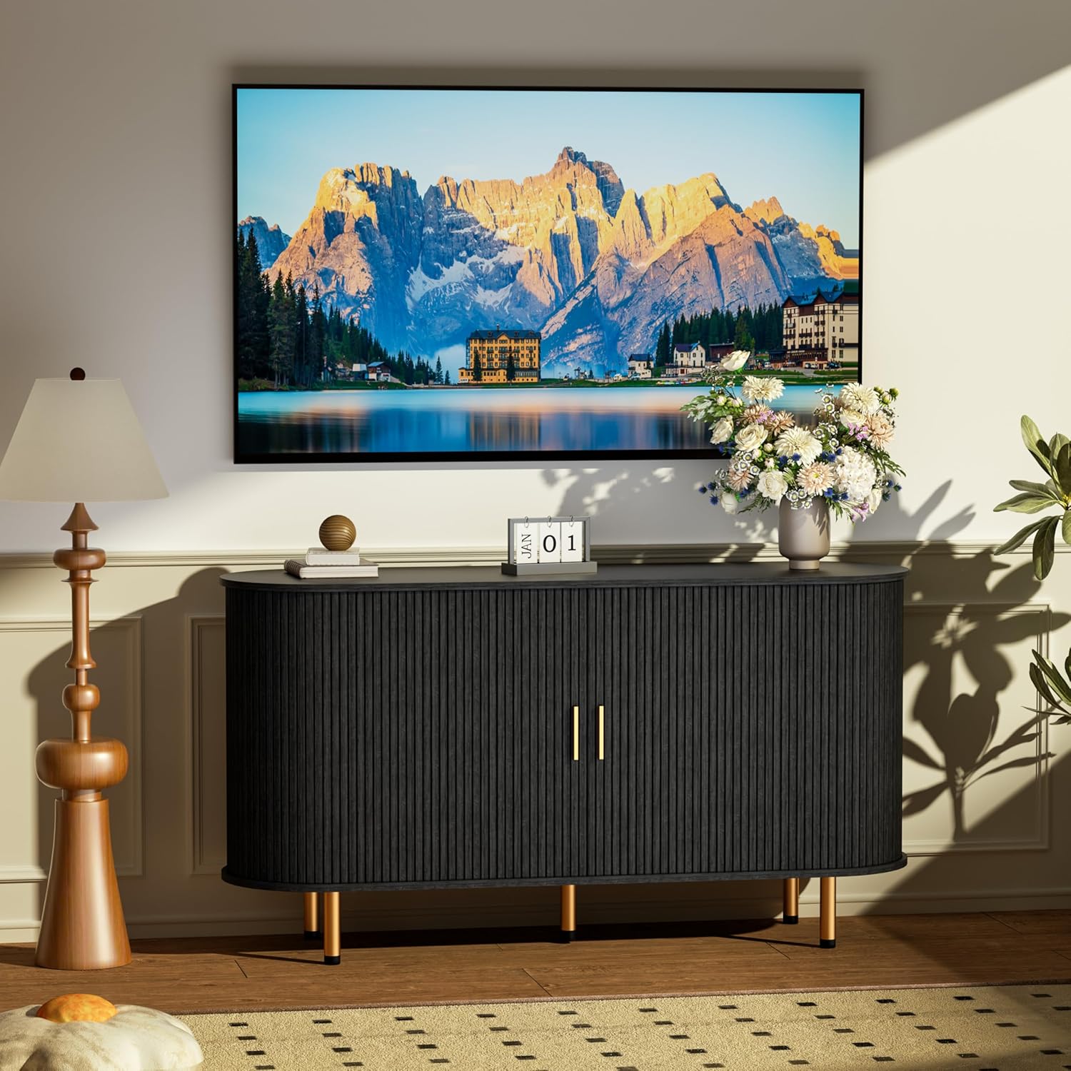Sideboard Buffet Cabinet with Storage, 55" Mid Century Modern Fluted Accent Coffee Bar Console Table with Tambour Sliding Doors & Adjustable Shelf for Kitchen, Living Room, Entryway (Black)