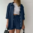 thumbnail image 2 of Xdegoge 2 Piece Linen Sets for Women 3/4 Sleeve Lapel Button Down Shirt Drawstring Shorts Sets Summer Outfits Loose Shorts Set with Pockets Plus Size Lounge Matching Set Outfits Set Mujer Dos Piezas, 2 of 6
