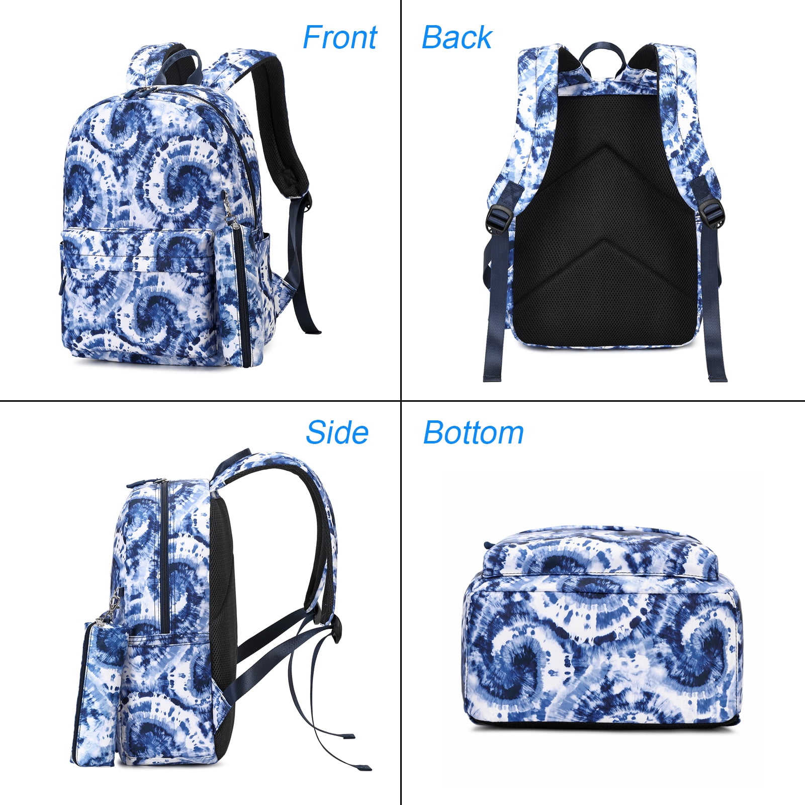 Forestfish Tie Dye Teen Backpacks , 3-Piece Set with Lunch Bag and Pen Bag, Water-Resistant Blue
