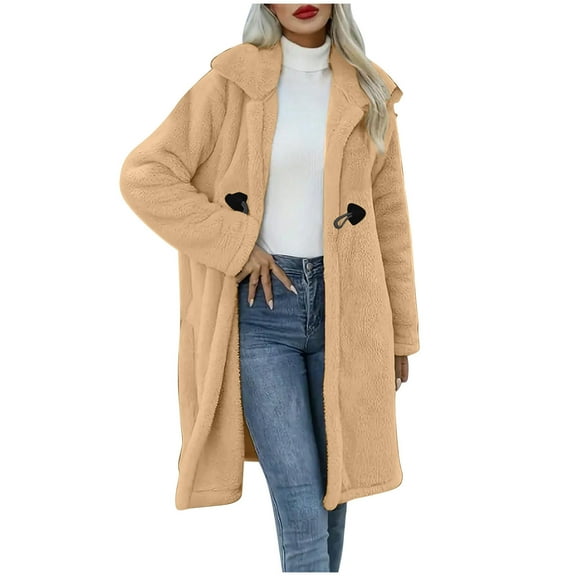 HTNBO Women's Winter Fuzzy Fleece Coats Open Front Faux Fur Long Jackets Lapel Long Sleeve Sherpa Outerwear Coat