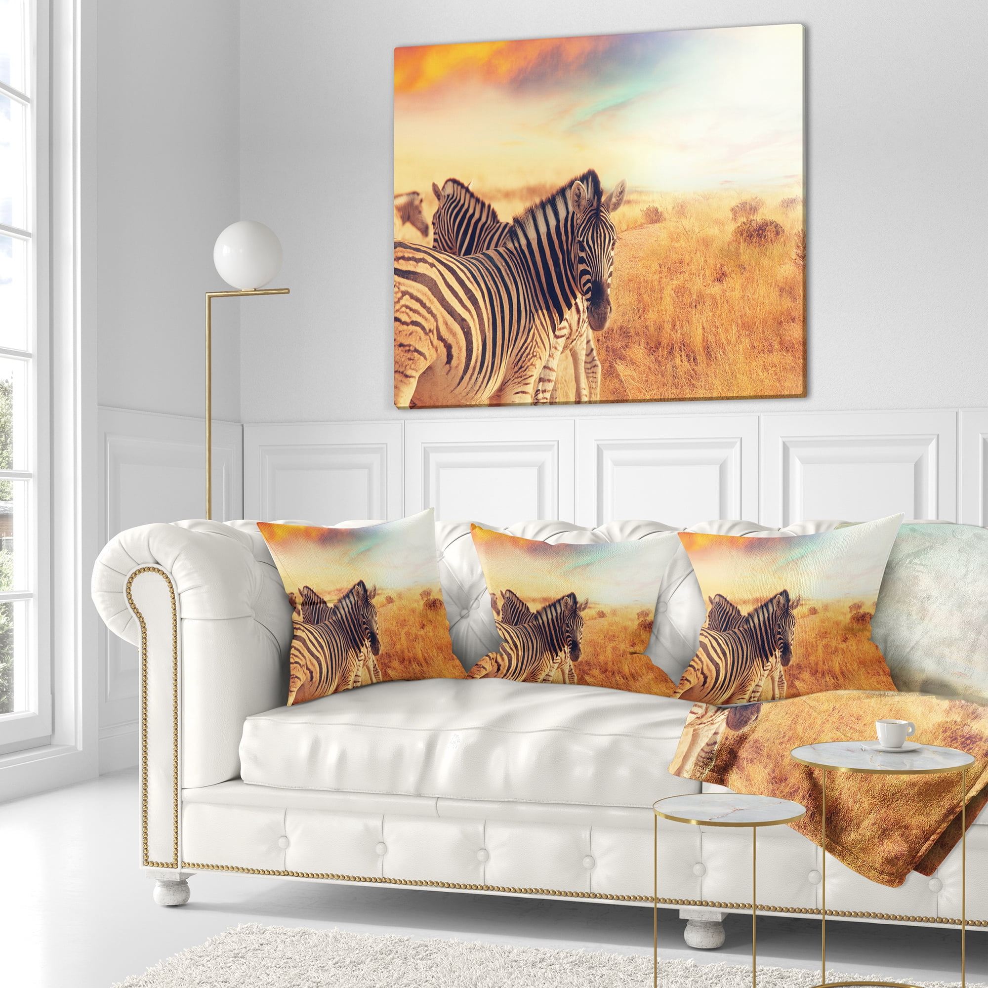 Designart Zebras Herd in Field At Sunset - African Throw Pillow - 16x16