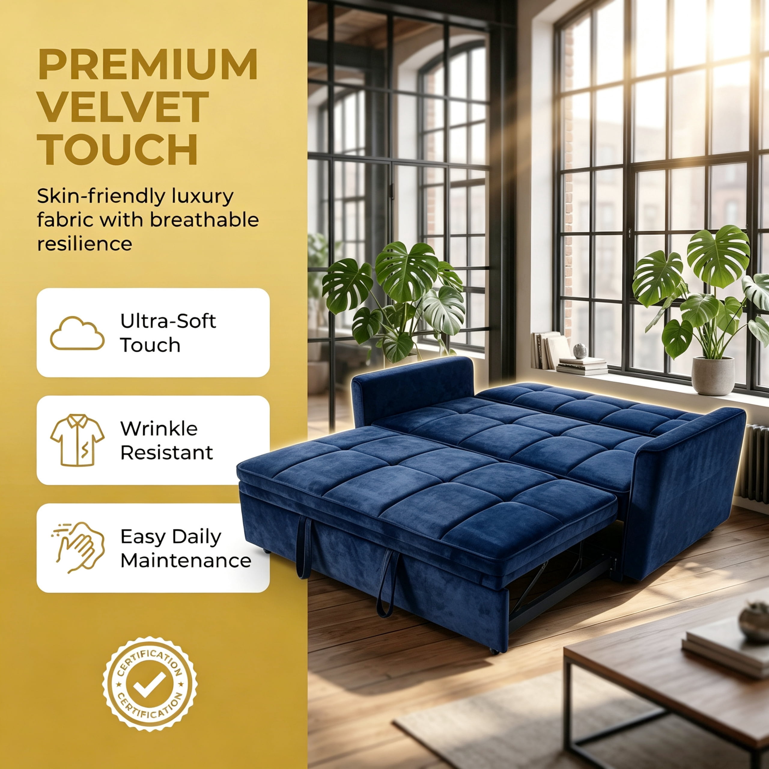54" Convertible Sleeper Sofa Bed, Modern Velvet 3-in-1 Pull Out Loveseat Couch with 5-Position Backrest & Side Storage Pocket for Living Room, Blue