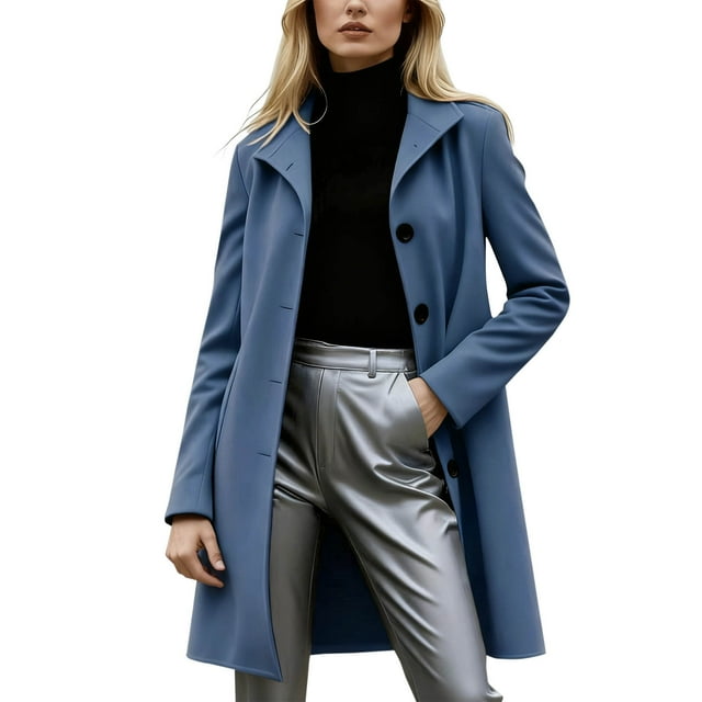 RXMEKW Wool Coat, Women's Lapel Mid-Length Slim Breasted Solid Color Coat