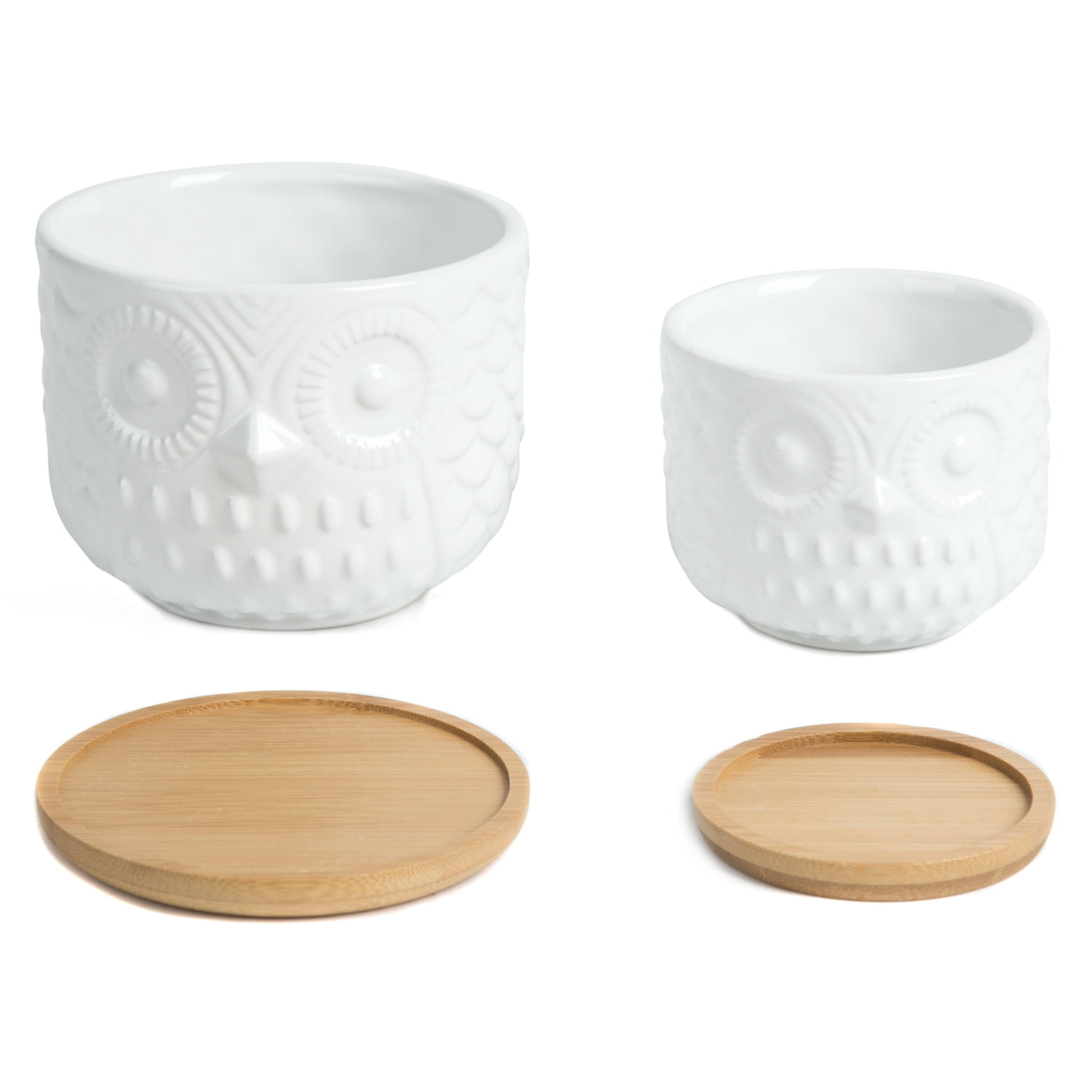 K-Cliffs Owl Succulent Planter, Animal  Pots with Drainage Hole and Bamboo Saucer, Set of 2, Color; White