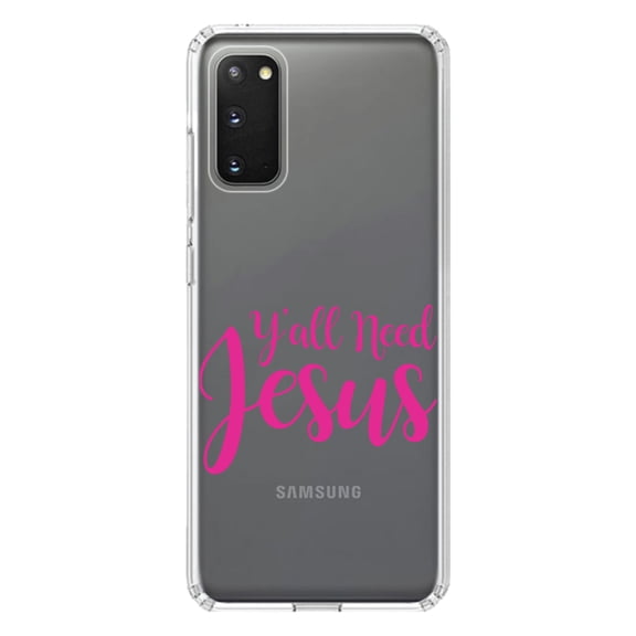 DistinctInk Clear Shockproof Hybrid Case for Galaxy S20 ULTRA / 5G (6.9" Screen) - TPU Bumper Acrylic Back Tempered Glass Screen Protector - Y'All Need Jesus - Hot Pink