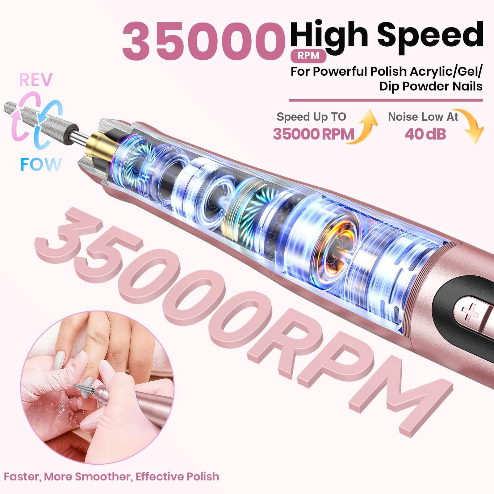 Cordless 35000RPM Nail Drill, Rechargeable Electric Nail File with LCD Display, Low Noise Low Vibration Professional Manicure Pedicure Set for Acrylic Gel Nails, Hand and Foot Care