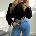 thumbnail image 4 of QATAINLAV Women Casual Button Cropped Baseball Jacket Stand Up Collar Long Sleeve Bomber Jackets Fall Workout Tops, Black, L, 4 of 8