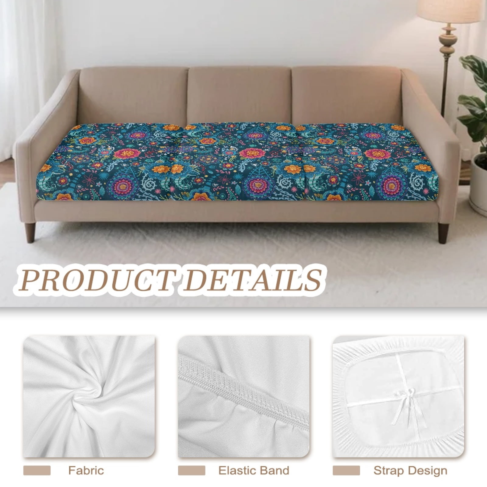 COEQINE Sofa Cushion Slipcover 3 Pieces Elastic Couch Cushion Cover Universal Armchair Couch Cover Furniture Protector Chair Slipcover with Elastic Bands, Blue Boho Mandala Floral Paisley Pattern