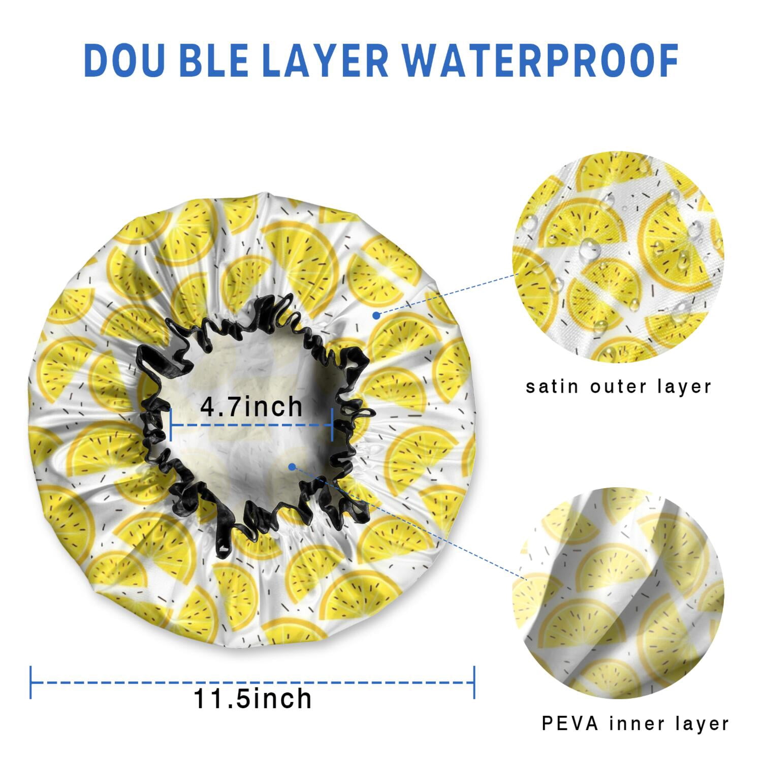Shower Caps,Yellow Lemon Fruit Slices White Pattern Waterproof Shower Cap for Women 4 Pieces,Double Reusable Hair Cover for Shower PEVA Elastic Stretch Hem