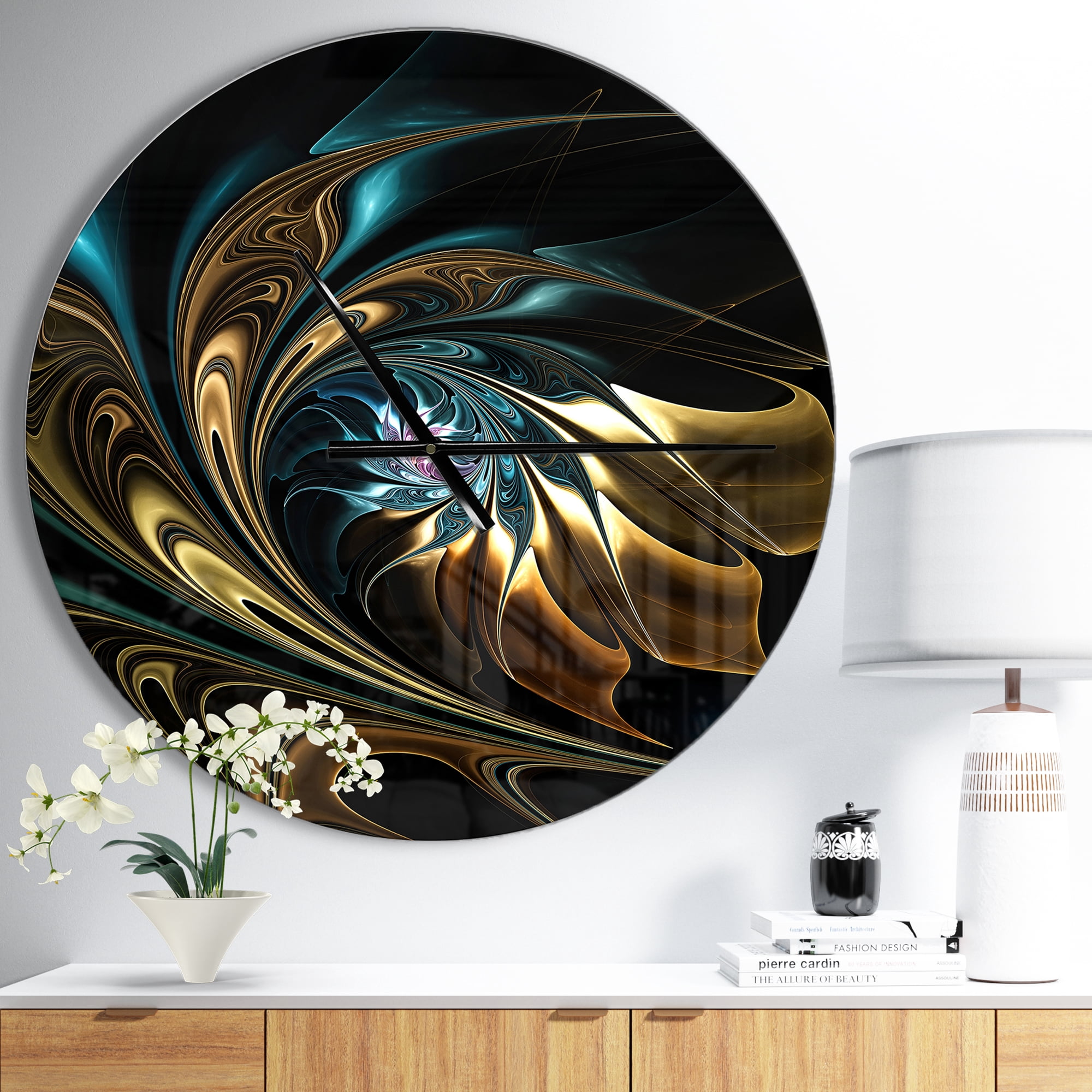 Designart 'Brown Blue Fractal Flower in Black' Metal Wall Clock