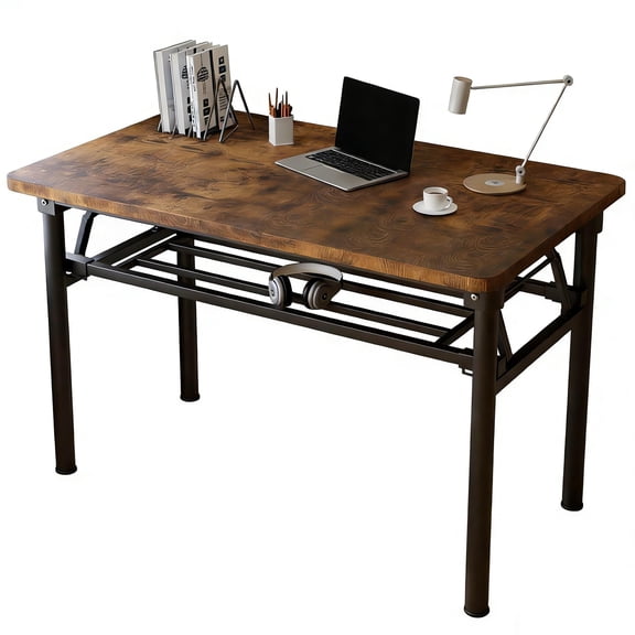 HDOFM 31.5 Inch Folding Computer Desk - Portable Activity Table Conference Table Home Office Desk, Attached storage rack,No Assembly,Teak