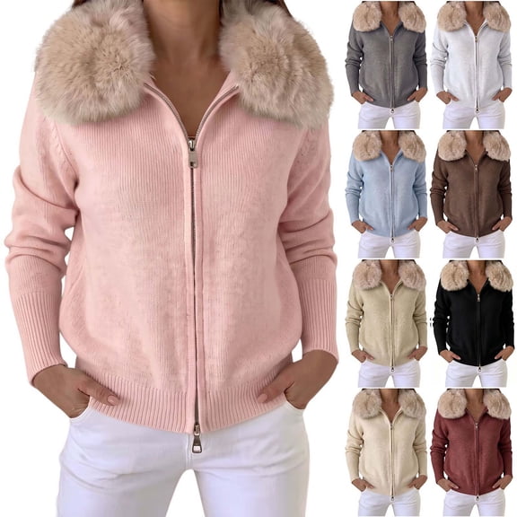 Tqcoqu Women's Faux Fur Collar Zip Up Knit Cardigan, Long Sleeve Short Sweater Jacket for Fall Winter