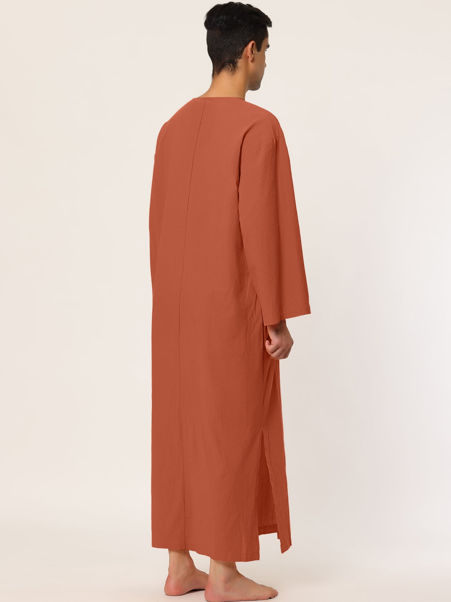 Unique Bargains Men's Pajamas Cotton Sleepwear V-Neck Side Split Long Nightgown XL Brick Red