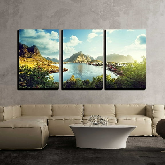 wall26 - 3 Piece Canvas Wall Art - Reine Village, Lofoten Islands, Norway - Modern Home Art Stretched and Framed Ready to Hang - 16"x24"x3 Panels