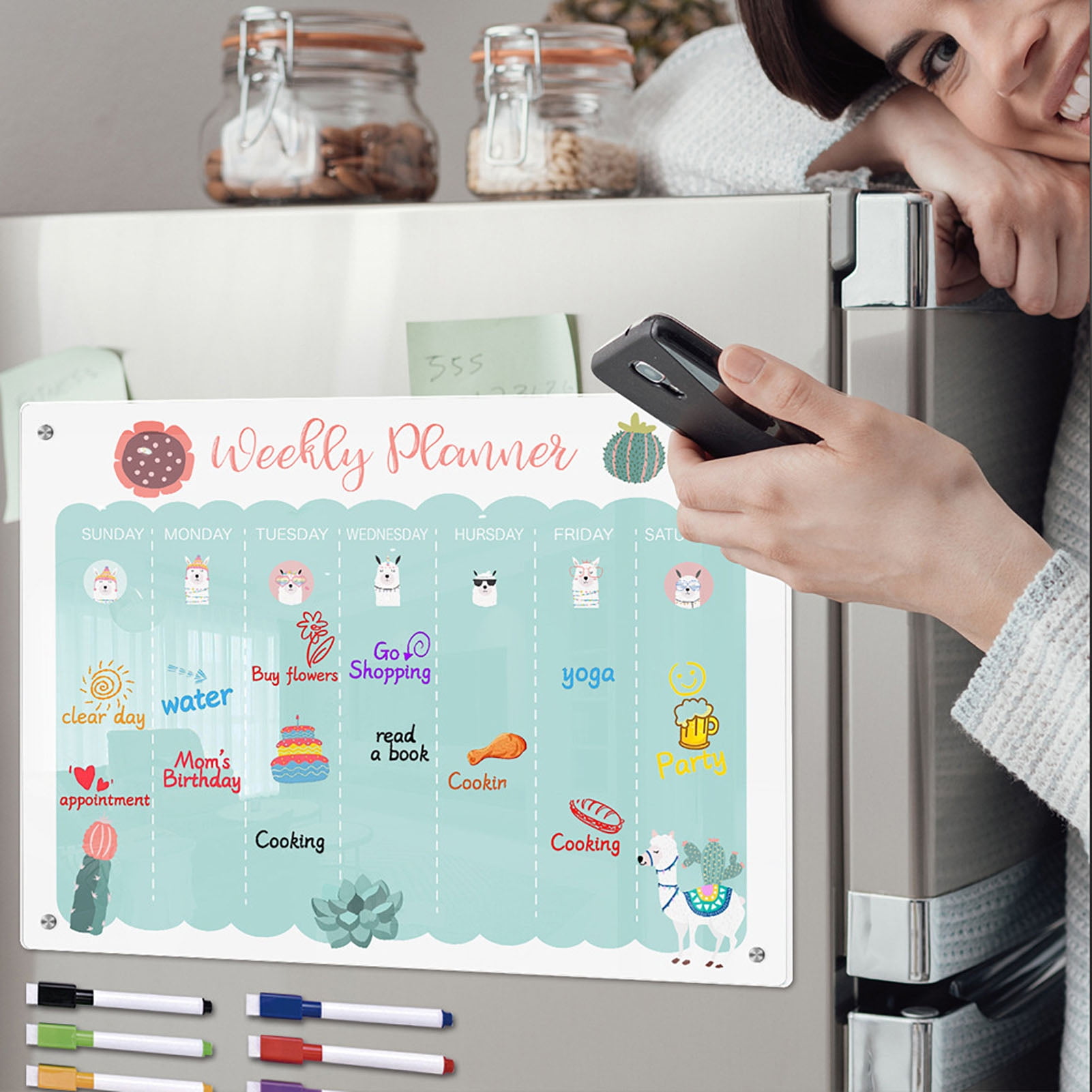 Sylvtty Transparent Acrylic Weekly Planner Magnetic Stickers Re-writable Smooth Writing Message Board for Organization